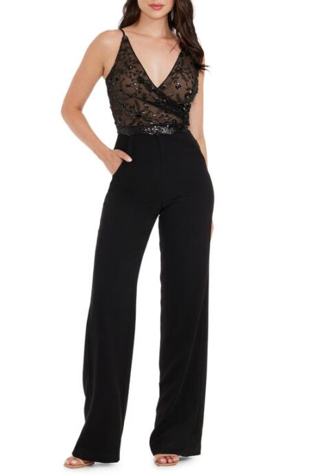Trystan Sleeveless Sequin Jumpsuit in Black Beige at Nordstrom X-Large
