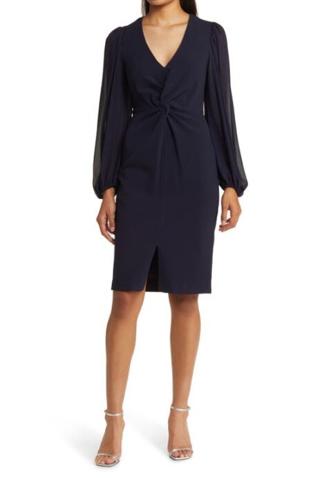  Twist Long Sleeve Stretch Crepe Dress in Navy at Nordstrom   
