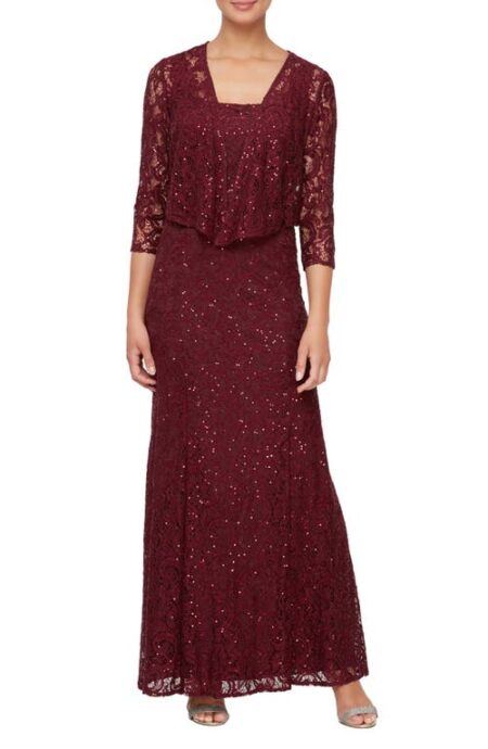  Two-Piece Sequin Lace Gown & Jacket in Wine at Nordstrom   
