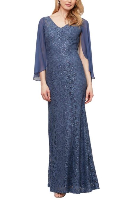  V-Neck Sequin Lace Capelet Formal Gown in Wedgewood at Nordstrom   