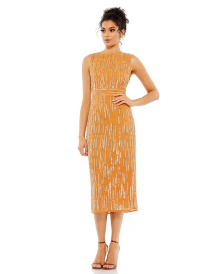  Women's Abstract Beaded Sleeveless Midi Dress Saffron