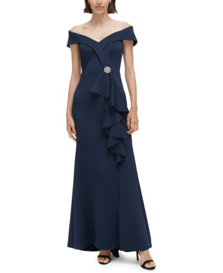  Women's Cascading-Ruffle Off-The-Shoulder Gown Navy