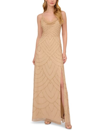  Women's Cowlneck Art Deco Beaded Gown Champagne Gold