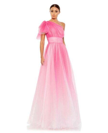 Women's Glitter Ombre Ruffled One Shoulder Ball gown Hot pink ombre