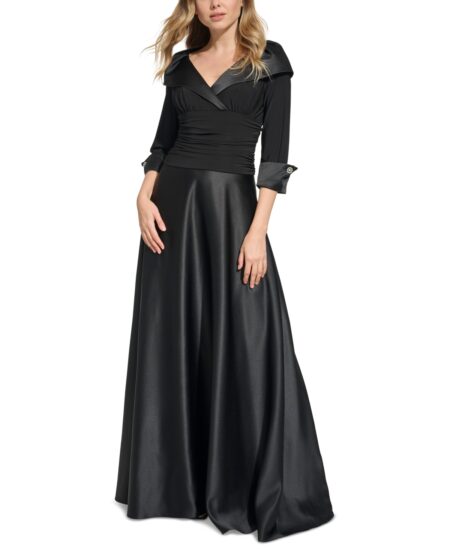  Women's Mixed-Media Ruched-Waist Gown Black