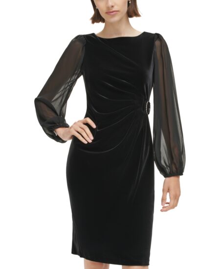  Women's Puff-Long-Sleeve Side-Tuck Buckle Sheath Dress Black