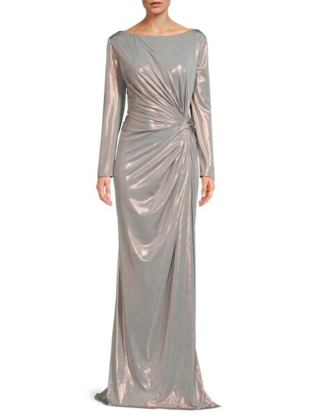  Women's Ruched Side Slit Patent Glitter Long-Sleeve Gown Rose Gold   