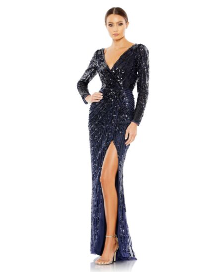 Women's Sequined Faux Wrap Long Sleeve Gown Midnight