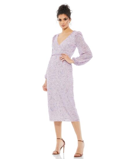  Women's Sequined Illusion Puff Sleeve V Neck Midi Dress Lavender
