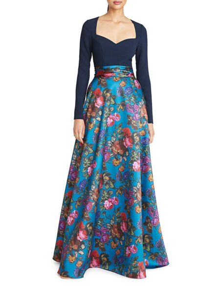  Women's Tabitha Long Sleeve Floral Print Gown Blue Multi   
