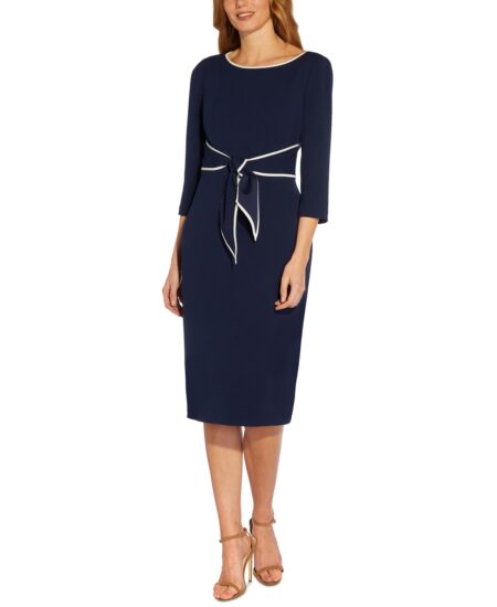  Women's Tipped Tie-Front / -Sleeve Dress Navy Sateen/Ivory