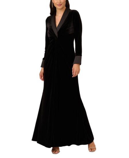  Women's Velvet Twist-Front Tuxedo Gown Black